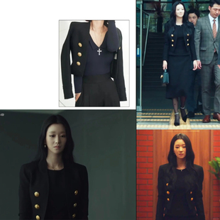 韩剧夏娃徐睿知同款黑色V领西装外套背心上衣半裙时尚羊毛套装裙