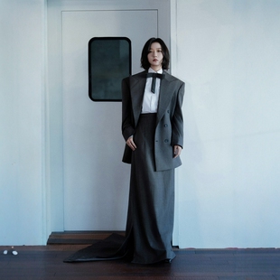长半裙廓形套装 外套 裙礼服 深灰色纯羊毛长西装 高级定制明星同款