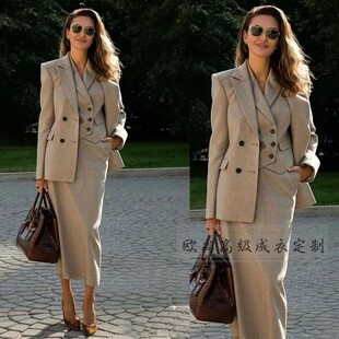 裙马甲三件套装 套装 裙春秋OL 卡其色羊毛西装 高端定制欧美街拍时尚