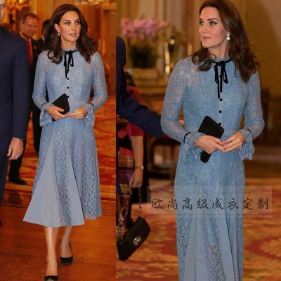 凯特王妃同款天蓝色蕾丝连衣裙女长袖长款拼接大摆裙气质优雅修身