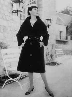 高级定制1950S黑色山羊绒羊毛大翻领大衣毛呢外套冬修身显瘦复古