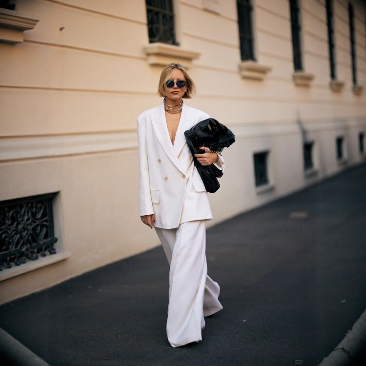 高级定制时装周街拍明星同款白色羊毛廓形西装套装阔腿裤两件时尚