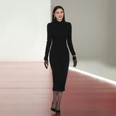 高端定制明星同款 开叉 显瘦中长款 黑色立领纯羊毛新中式 旗袍裙修身