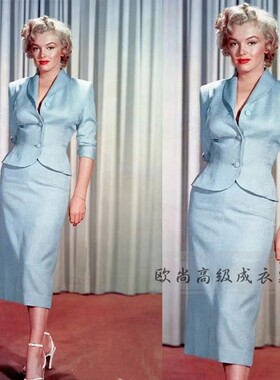 高端定制梦露同款经青果领浅蓝色羊毛西装套装裙修身显瘦商务职业