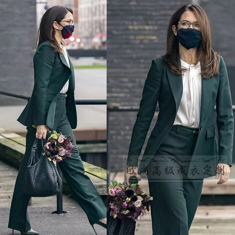 高端定制玛丽王妃同款干练职业通勤墨绿色西装套装裤女修身显瘦春