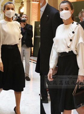 高端定制西班牙王妃同款白色真丝衬衫黑色大摆半裙经典黑白套装裙
