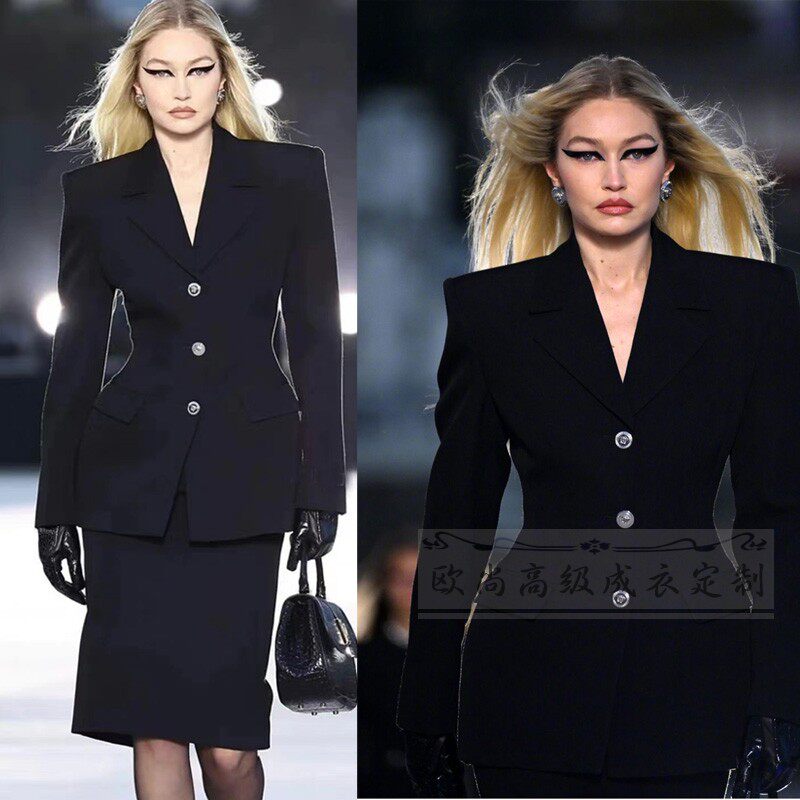 高级定制时装周走秀大牌时尚黑色羊毛西装长外套 半裙时髦套装裙