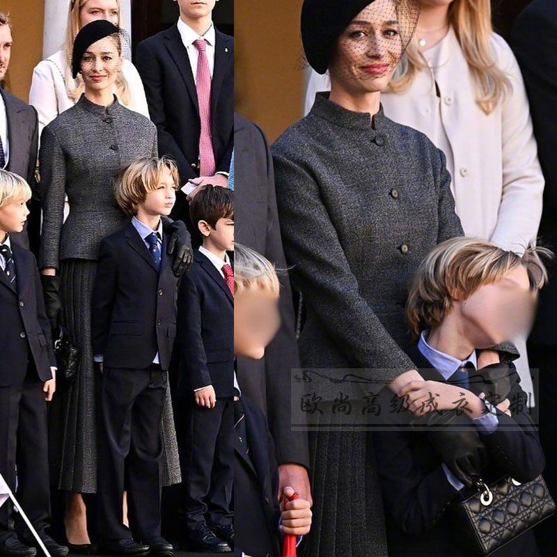 王妃同款深灰色小立领夹克羊毛外套长款百褶半裙优雅新中式套装裙