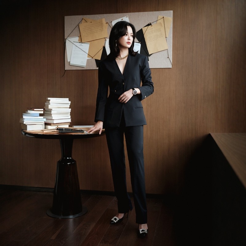 高级定制辛芷蕾明星同款黑色V领羊毛西装外套+裤子时尚职业套装裤