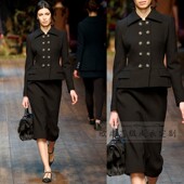 高端定制走秀同款 复古优雅OL双排扣 套裙掐腰修身 黑色时尚 羊毛西装