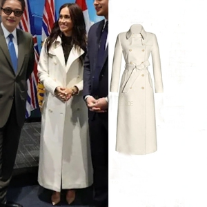 高级定制梅根王妃同款白色羊毛风衣外套女长款双排扣修身显瘦优雅