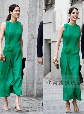 高端定制夏季翠绿色无袖真丝连衣裙女不对称设计感长裙A字裙优雅
