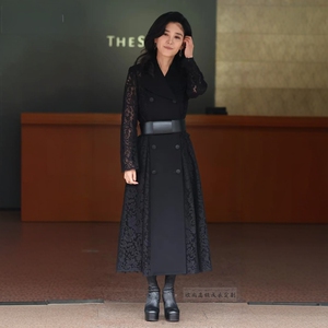 高级定制李富真同款蕾丝拼接黑色西装式连衣裙女长款优雅大方春秋