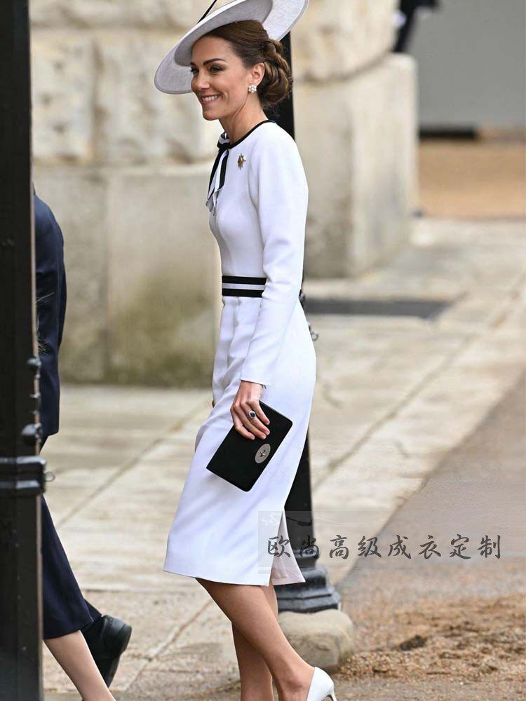 高端定制凯特王妃同款白色蝴蝶结拼接织带连衣裙女一步裙春秋修身