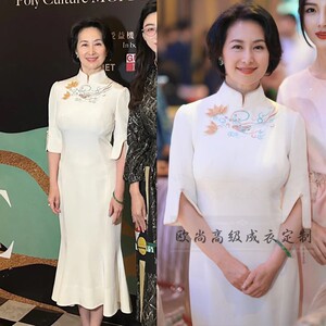 高级定制立领新中式真丝旗袍优雅时尚刺绣鱼尾桑蚕丝连衣裙礼服