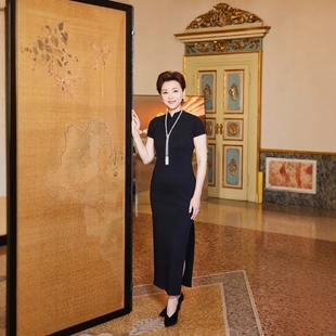 高级定制杨澜同款黑色短袖小立领薄羊毛旗袍裙夏季修身优雅简约