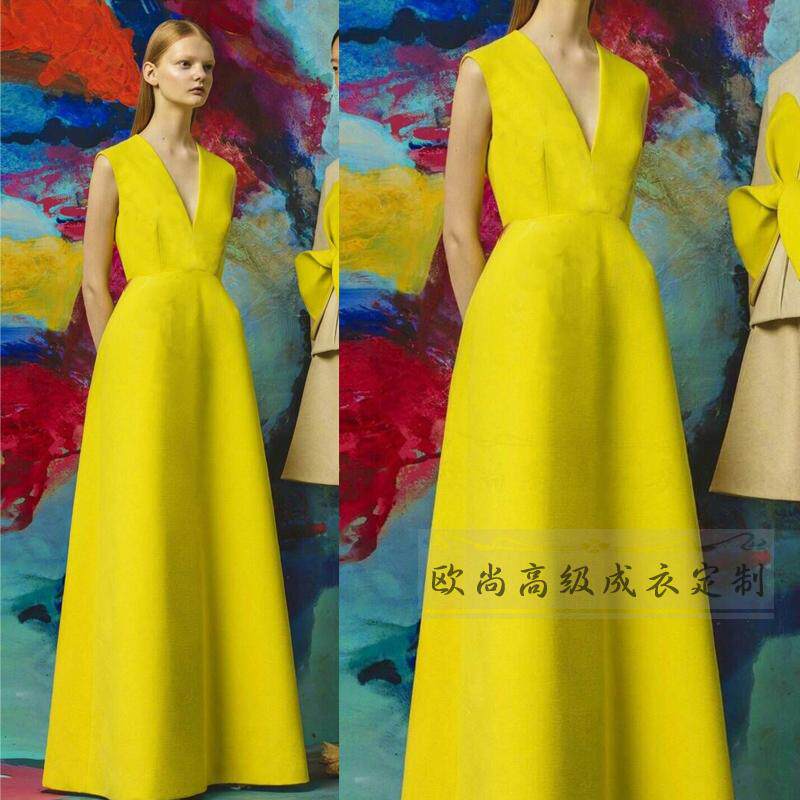 高级定制欧美大气黄色深V高腰连衣裙女长款A字裙大摆修身显瘦春夏