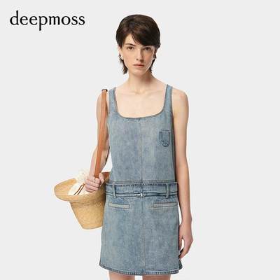 【deepmoss】2024春夏新款女装高级时尚休闲气质拼接牛仔背心裙