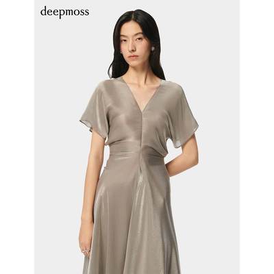 【deepmoss】2024春夏新款女装时尚休闲气质水泽褶裥收腰连衣裙