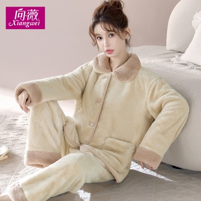 韩版可外穿女士暖绒保暖雪花绒家居服秋冬新款大码宽松法兰绒睡衣