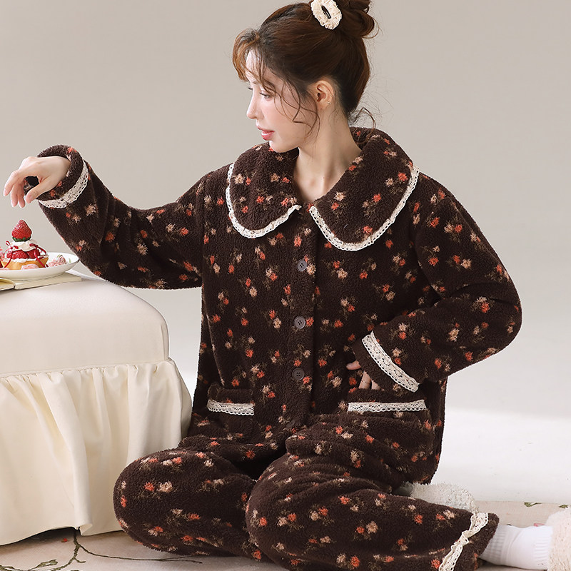 莎粒绒秋冬甜美女士暖绒家居服可外穿学生法兰绒睡衣冬日宅家套装