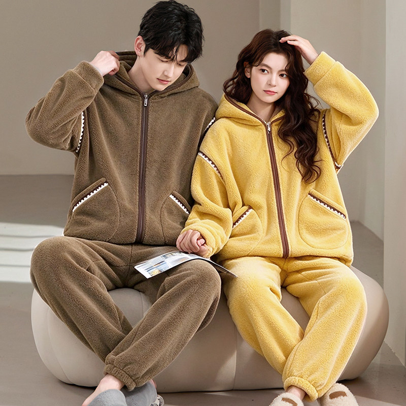 软糯加厚男女可外穿家居服软糯亲肤云朵绒秋冬情侣连帽珊瑚绒睡衣