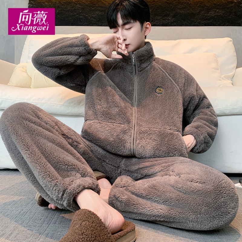 蓄热保暖秋冬男士大码宽松雪花绒家居服套装可外穿法兰绒睡衣