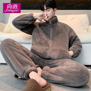 蓄热保暖秋冬男士大码宽松雪花绒家居服套装可外穿法兰绒睡衣