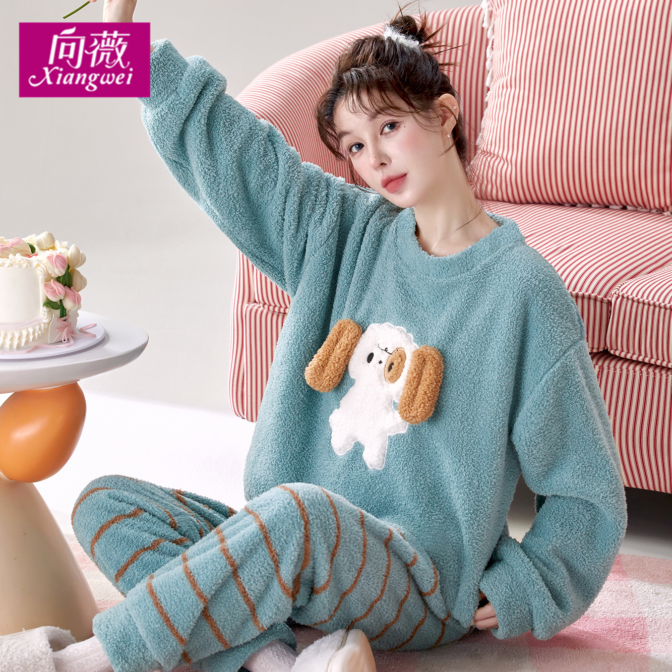 秋冬天法兰绒家居服女套装可外穿半边绒简约宽松加绒女士睡衣