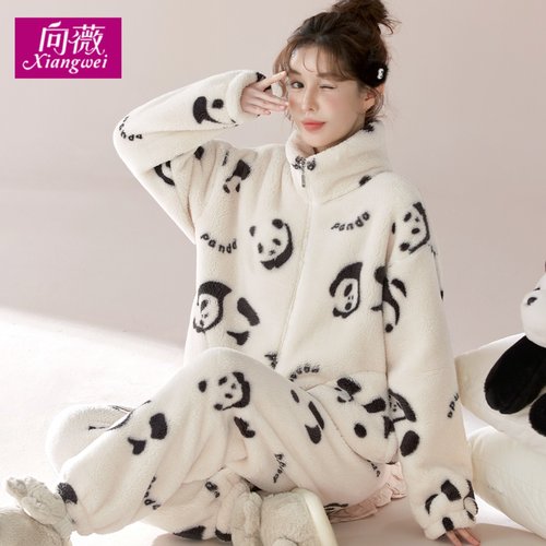 秋冬新款女可爱卡通暖绒保暖雪花绒家居服可外穿加厚法兰绒睡衣冬