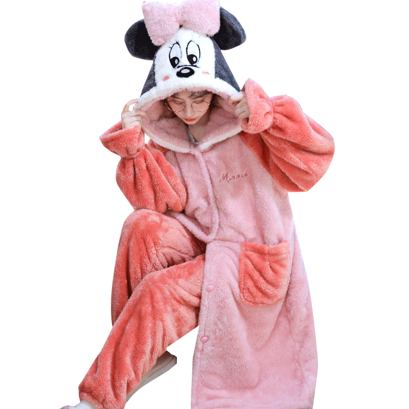 女士珊瑚绒卡通家居服睡袍两件套