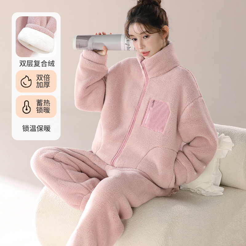 秋冬天新款双层复合绒防寒保暖加绒加厚法兰绒家居服睡衣套装女