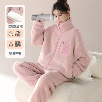秋冬天新款双层复合绒防寒保暖加绒加厚法兰绒家居服睡衣套装女