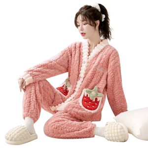 V领女士甜美可爱法兰绒家居服可外穿加厚加绒宽松大码珊瑚绒睡衣