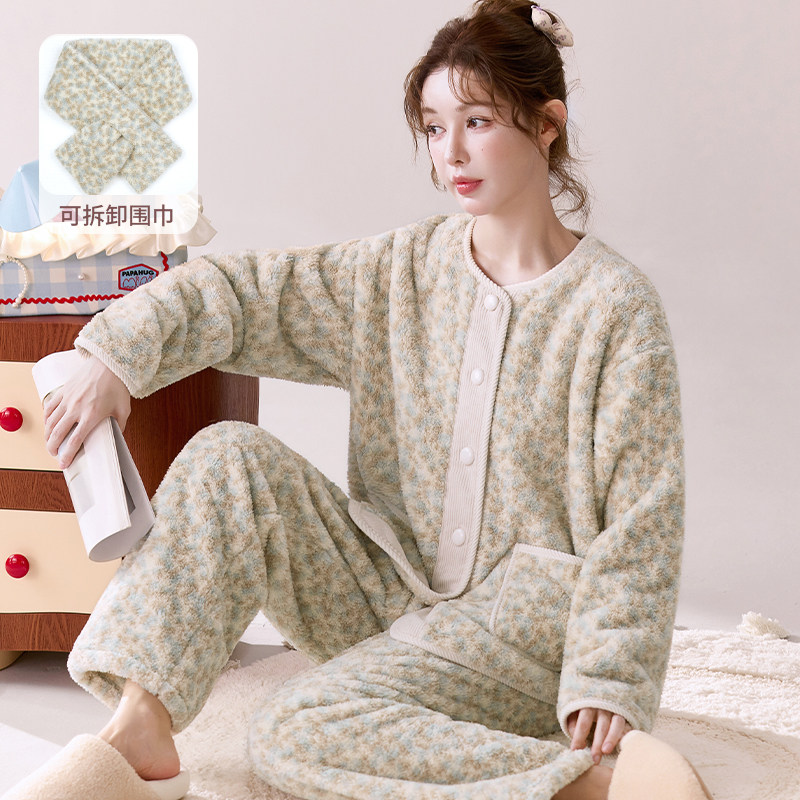 韩系甜美围巾款奶蓝小碎花可外穿法兰绒家居服秋冬女保暖睡衣