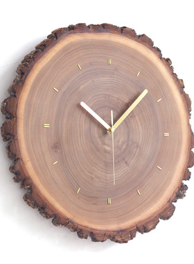 实木挂钟客厅钟表简约北欧静音装饰现代创意个性原木嵌黄铜年轮钟