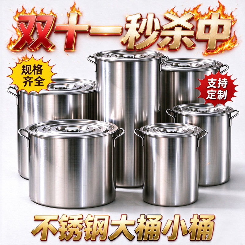 不锈钢大桶商用带盖圆桶加厚水桶80大容量汤锅汤桶圆形储水桶订制
