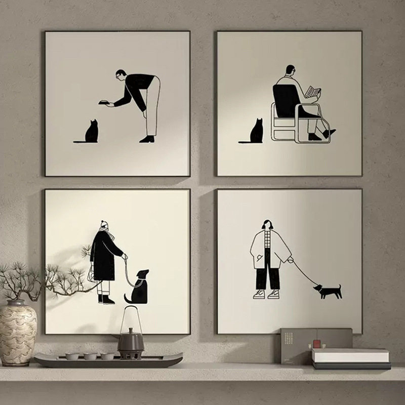 波普风宠物猫咪装饰画黑白卡通人物壁画家居艺术桌面摆画客厅挂画