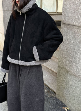 鹿西 韩系立领麂皮拼接羊羔毛短外套女冬季新款百搭保暖上衣89016