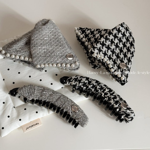 黑白气质女神千鸟格三角抓夹盘发鲨鱼夹发卡大号发夹气质新款发饰