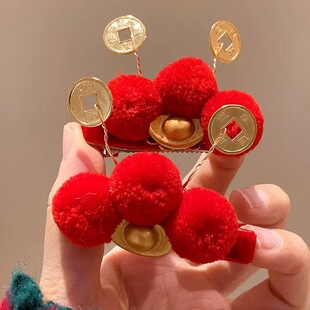 招财红毛球铜钱元宝财神汉服洋气发夹新年儿童发饰古风新中式头饰
