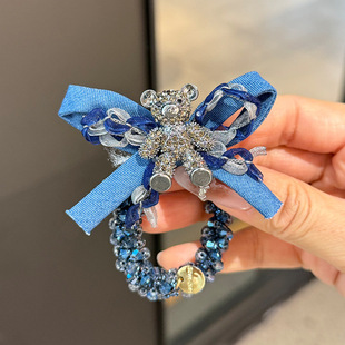 韩国东大门蓝色蝴蝶结可爱小水钻熊发圈高弹力发绳甜美头绳头饰女