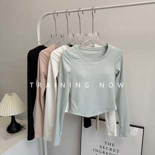 运动T恤女秋季修身显瘦普拉提速干瑜伽服上衣带胸垫跑步健身长袖