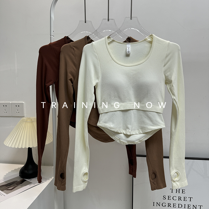 性感健身上衣女长袖带胸垫