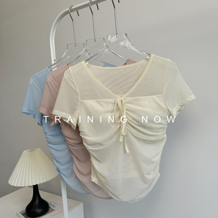 运动短袖女夏绝美网纱跑步训练速干上衣修身显瘦带胸垫瑜伽健身服