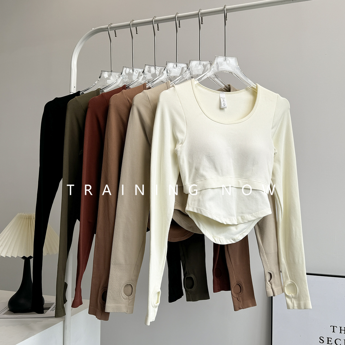 带胸垫瑜伽服长袖女秋季紧身显瘦时尚跑步健身服普拉提运动上衣