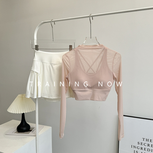 网红运动套装女夏季带胸垫显瘦瑜伽网纱透气长袖速干跑步健身服