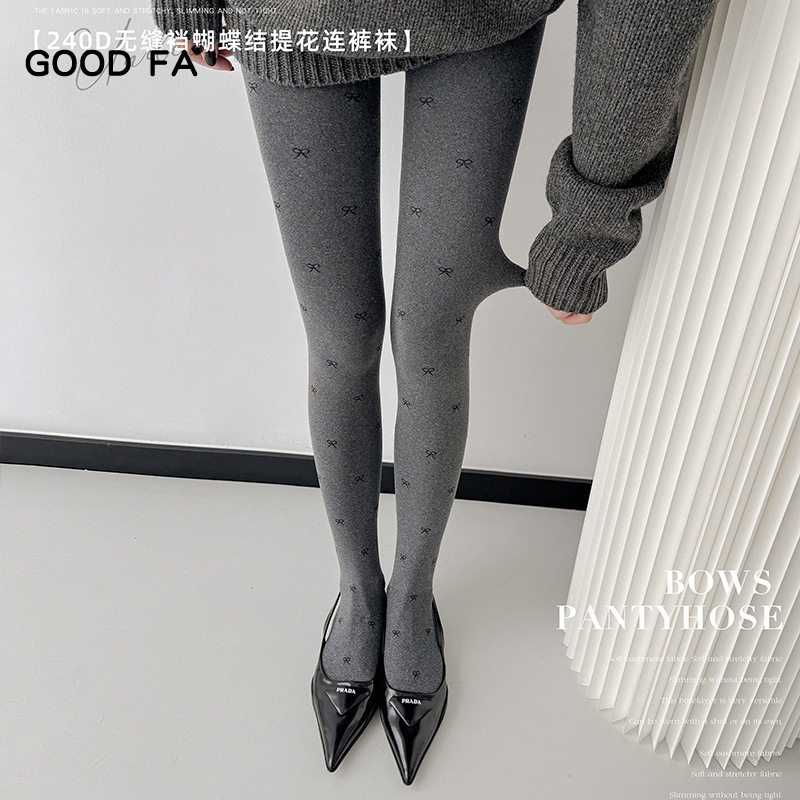 2024秋冬打底裤女80D240D无缝一字裆波点蝴蝶结打底连裤袜女纯色
