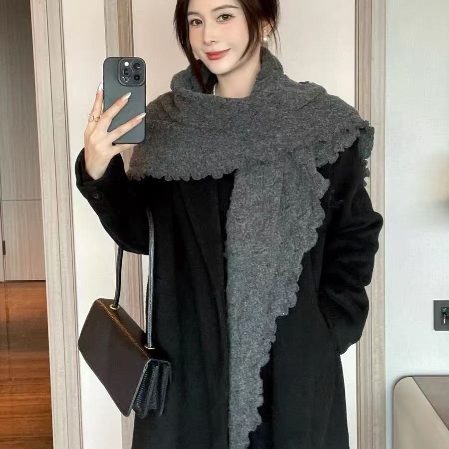 木耳边三角巾女花边冬季韩系高级感百搭保暖围脖围巾外搭披风围巾