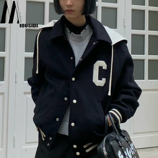 宽松毛呢外套上衣 棒球服休闲夹克女刺绣字母韩版 25秋冬季 lisa同款